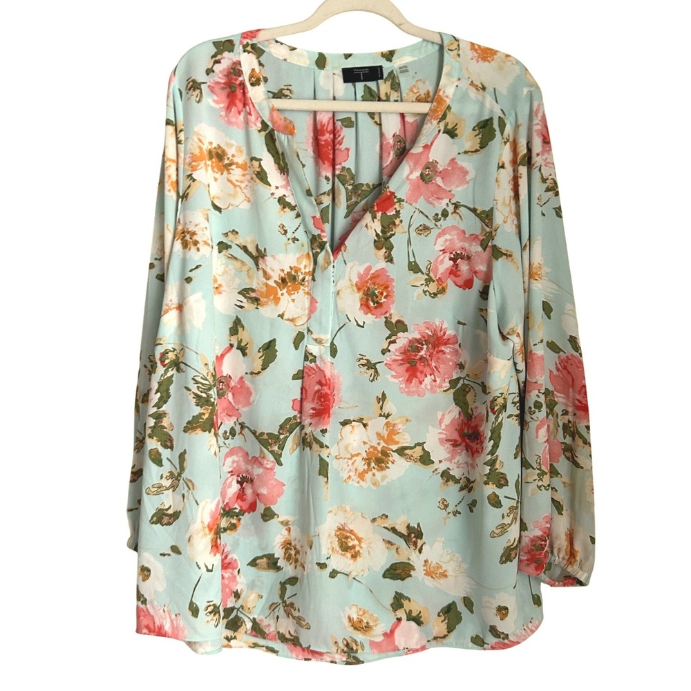 Tahari Womens Size 2X Aqua Pink Floral Georgette Blouse Semi Sheer Feminine
